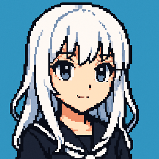 Beautiful anime style girl, with white hair and gray eyes.
In-Game asset.  2d.  High contrast.  No shadows. Pixel art