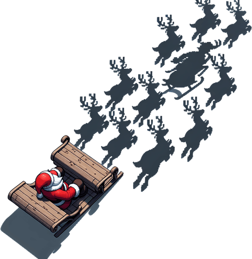 Santa on sleigh pulled by reindeer blank background no shadows flying forward away straight top down Single Game Texture. In-Game asset. 2d. Blank background. High contrast. No shadows.