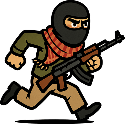 silahla koşan terörist.
In-Game asset.  2d.  High contrast.  No shadows