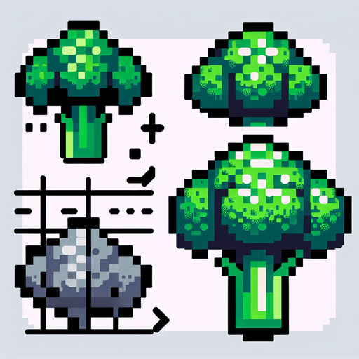 broccoli.
Single Game Texture. In-Game asset. 2d. Blank background. High contrast. No shadows. 8bit