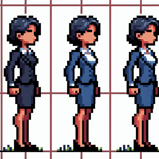 8-bit. cartoon. fancy office person. woman. seen from the side. in game assset. Single Game Texture. In-Game asset. 2d. Blank background. High contrast. No shadows.