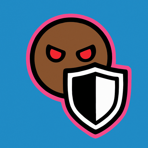 Brown simple circular enemy seen from above, pink outline. red eyes, with a single shield in-font of it. Black and white only. Blue background..
In-Game asset.  2d.  High contrast.  No shadows