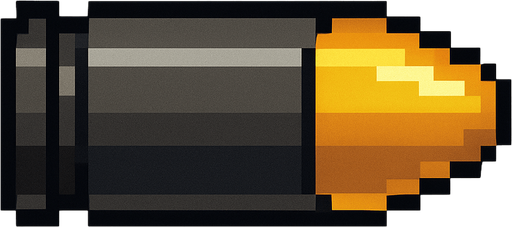 una bala de pistola 9 milimetros hecha con pixeles con perspectiva lateral.
In-Game asset.  2d.  High contrast.  No shadows