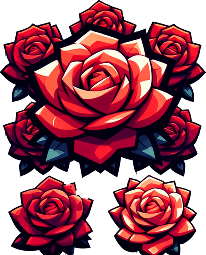 A sprite sheet of different red roses seen from above. Cartoon. All similar size. Just the blossom. Bold colors and shading. 
Single Game Texture. In-Game asset. 2d. Blank background. High contrast. No shadows.