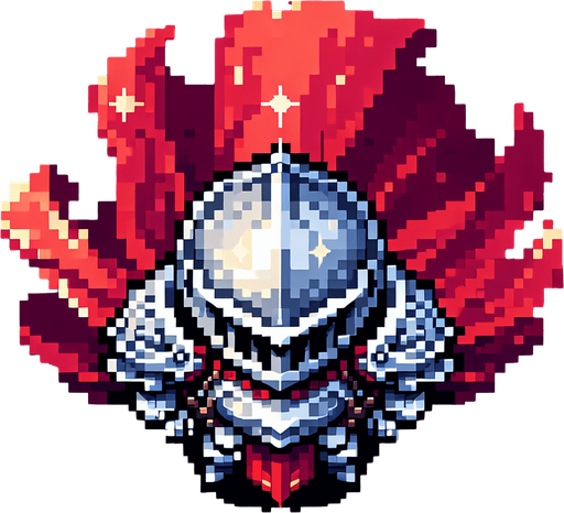 A pixelated 2D knight character sprite viewed from directly above, wearing silver armor and a red cape. The character is simplified to basic shapes - a circular body with rectangular shoulder plates. The cape extends behind the character. Clean pixel art style with no shading, designed for top-down gameplay..
Single Game Texture. Top-down view. Pixel art. Game character sprite. 32x32 pixels. Transparent background. 2D game asset. Clean edges. No anti-aliasing. High contrast colors. Character centered.