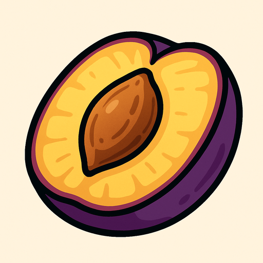 Ciruela Fruta cortada por la mitad.
In-Game asset.  2d.  High contrast.  No shadows. Cartoon.