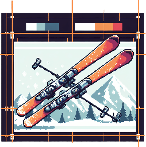 pixel art banner of a pair of skis crossed.
Single Game Texture. In-Game asset. 2d. Blank background. High contrast. No shadows.