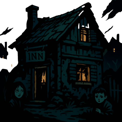 A rundown inn on the edge of a village, candlelight flickering through broken shutters, children peeking from dark corners, cold and lonely air.
In-Game asset.  2d.  High contrast.  No shadows