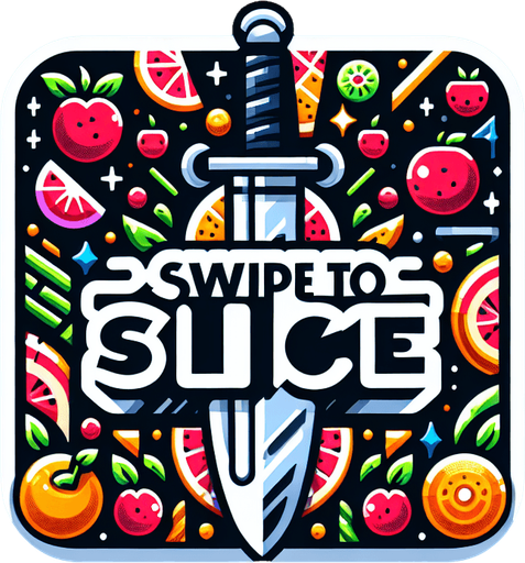 game icon for a video game called fruit slash, show an fruits cutting with sword symbols in the fore ground show the name of the game  "Swipe to Slice "big in the center with the fruits underneath.
Single Game Texture.  In-Game asset.  2d.  Blank background.  High contrast.  No shadows