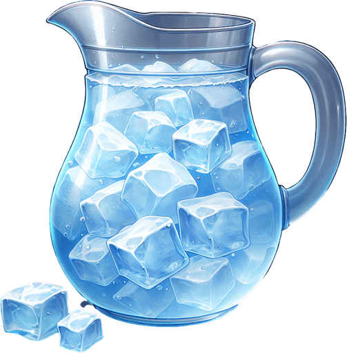 A pitcher full of nice fresh water and ice cubes..
Single Game Texture. In-Game asset. 2d. Blank background. High contrast. No shadows.