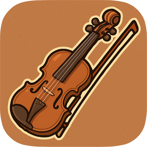 A cartoon-style 2D illustration of a traditional fiddle (similar to a violin) with a bow placed beside or over it. The fiddle should have a warm brown wooden body with visible f-holes, four strings, and tuning pegs. Add soft shadows, rounded edges, and a clean outline. The overall style should feel friendly and suitable for mobile games. Export the image as a transparent rounded brown background PNG, usable as a clickable icon in a music quiz game..
In-Game asset.  2d.  High contrast.  No shadows
