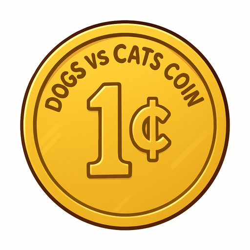 A golden shining coin with the words “dogs vs cats coin” at the top and the coin says “1¢” . No background. Transparent background. Blank background. No shadows. 2d. In-Game asset. flat