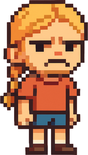 bad regular frown casual girl kid blonde hair braided full body 2d pixel art.
In-Game asset.  2d.  High contrast.  No shadows
