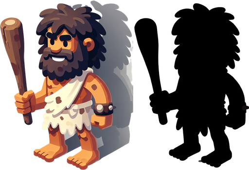 a caveman with a club, seen from above.
Single Game Texture. In-Game asset. 2d. Blank background. High contrast. No shadows.