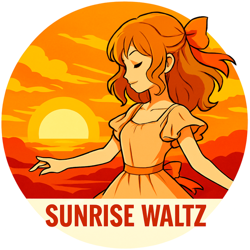 Round shape of anime style song cover with the themed Sunrise Waltz.
In-Game asset.  2d.  High contrast.  No shadows