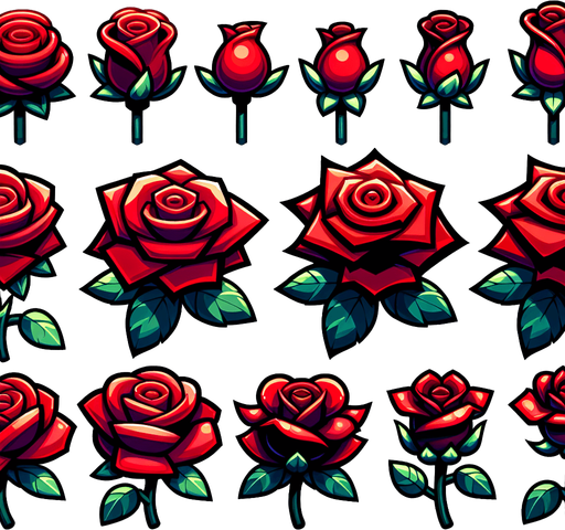 A sprite sheet of different red roses seen from above. Cartoon. All similar size. Just the blossom. Bold colors and shading. 
Single Game Texture. In-Game asset. 2d. Blank background. High contrast. No shadows.