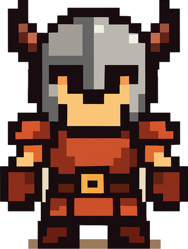 Genera una imagen de un guerrero pixel, sin armas, y que tenga la cabeza un poco más grande que el cuerpo tipo pixel.
In-Game asset.  2d.  High contrast.  No shadows