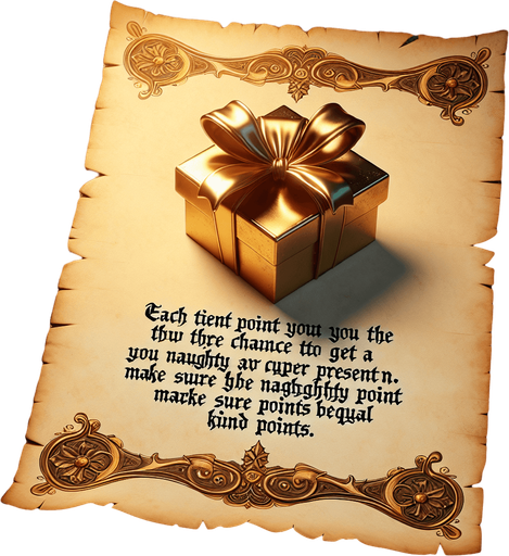 a pergament with a golden present at top, at the bottom there is the text: "Each tenth point you have the change to get a super Present, make sure naughty points are equal to kind points"
