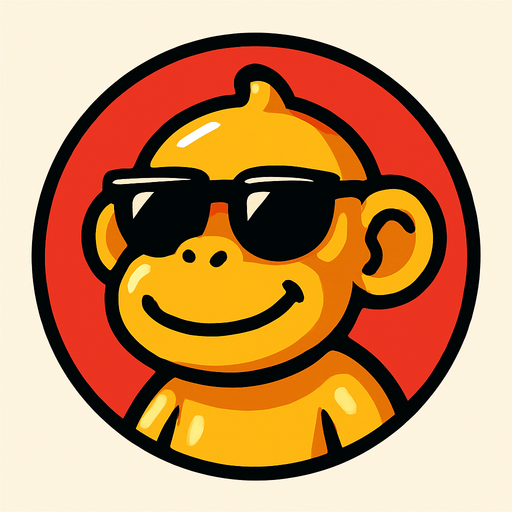 un monito en una imagen redonda, el monito lleva gafas de sol, es de plastico y tiene una sonrisa.
In-Game asset.  2d.  High contrast.  No shadows