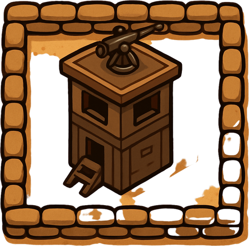 Top view of an small defense Military tower Brown in the desert, the image has a square border outlined by military defense sandbags.
In-Game asset.  2d.  High contrast.  No shadows