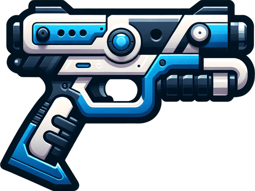 A cartoon-style toy gun with a futuristic design, mainly blue with white and black details, a large trigger, and a barrel that shoots darts.".
Single Game Texture.  In-Game asset.  2d.  Blank background.  High contrast.  No shadows