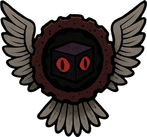 Alas: Tiene un par de grandes alas emplumadas de color gris claro o blanco, similares a las de un ángel o un grifo, que se extienden prominentemente hacia los lados.

Aro dentado/rueda: En el centro del ser hay un gran aro o rueda de color oscuro, posiblemente marrón rojizo o burdeos, con una textura rugosa o dentada, como si estuviera hecho de metal corroído o material orgánico. Este aro tiene aberturas o huecos irregulares a lo largo de su perímetro.

Cubo central: Dentro del aro, hay un objeto cúbico, de apariencia más pequeña que el aro, de color oscuro (posiblemente negro o morado muy oscuro). En cada una de las caras visibles de este cubo hay lo que parecen ser ojos rojos brillantes con pupilas oscuras, lo que le da un aspecto vigilante o inquietante..
In-Game asset.  2d.  High contrast.  No shadows