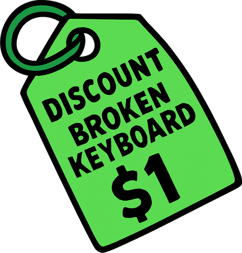 Green price tag that says discount broken keyboard $1
In-Game asset.  2d.  High contrast.  No shadows