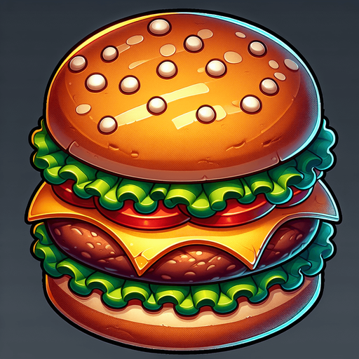 hamburger,2d,cartoon,blank background.
Single Game Texture.  In-Game asset.  2d.  Blank background.  High contrast.  No shadows