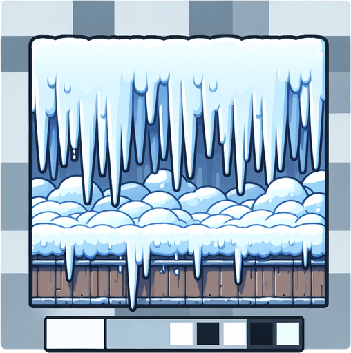 Simple Row of iceales hanging from snowy bar, cartoon. Flat, seen from side. Single Game Texture. In-Game asset. 2d. Blank background. High contrast. No shadows.