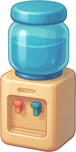A water cooler. Cute soft graphics. soft ambient light. semi-matte to satin surfaces. naturalistic with slight saturation boost colors. 
In-Game asset.  2d.  High contrast.  No shadows. top down..
In-Game asset.  2d.  High contrast.  No shadows