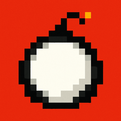 una bomba redonda, color blanco con bordes de color negro, es pixeleada de 16x16 (la imagen tiene fondo rojo).
In-Game asset.  2d.  High contrast.  No shadows