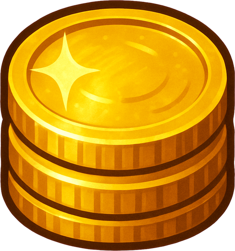 Crea un icono de oro que represente el recurso monetario. Debe ser una pila de monedas de oro brillante o un lingote de oro, visto directamente desde arriba. La superficie superior debe mostrar un brillo metálico y detalles que simulen el relieve de monedas o la textura pulida de un lingote..
In-Game asset.  2d.  High contrast.  No shadows