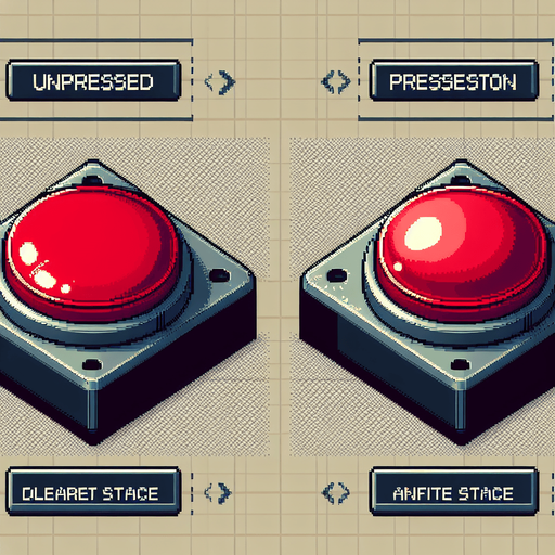 A spritesheet showing only 2 sprites, of the unpressed and pressed states of a BIG RED BUTTON respectively . The sprites in the sheet should be laid out with transparent space between them in clearly defined rectangular areas. The button itself should be large and round, like on old arcade game machines, with a plastic inset around it, and when it's pressed down, it should appear lower relative to that plastic ring, so that it is visibly easy to distinguish between the pressed down and unpressed state..
Single Game Texture. In-Game asset. 2d. Blank background. High contrast. No shadows.