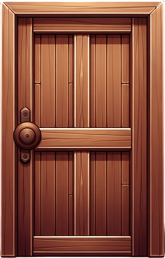 Uma Porta de madeira para frente com machaneta marrrom..
Single Game Texture. In-Game asset. 2d. Blank background. High contrast. No shadows.