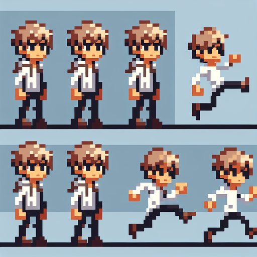 pixelate game hero character, in idle animations, jumping animations, and running animations.
Single Game Texture. In-Game asset. 2d. Blank background. High contrast. No shadows.