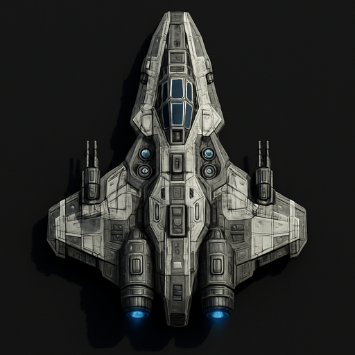 Uzay temalı Savaş Gemisi, gerçekçi, yazısız üstten görünüm. 
In-Game asset.  High contrast.  No shadows