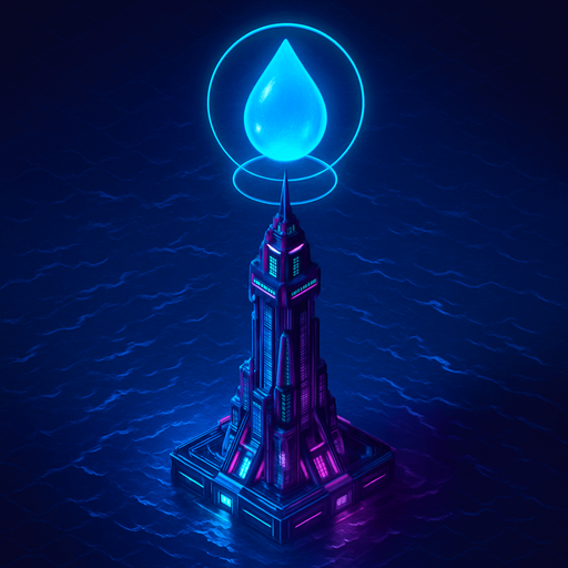 Top down isometric neon cyberpunk anime talk futuristic tower spire 3d ocean glowing hd large blue water drop hologram over top