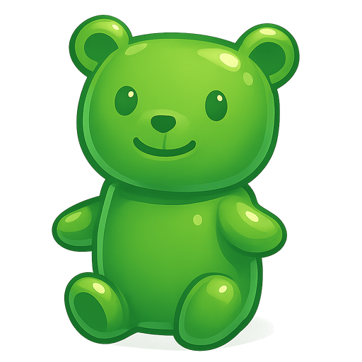 green gummy bear candy shiny and cute (sitting). No background. Transparent background. Blank background. No shadows. 2d. In-Game asset. flat