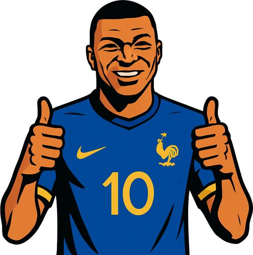 Kylian Mbappé wıth france futboll tshirt makıng thumbsup.
In-Game asset.  2d.  High contrast.  No shadows