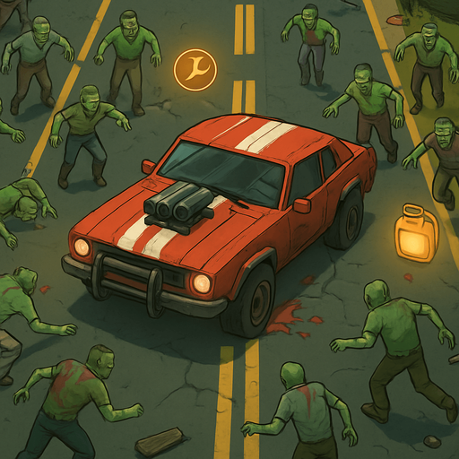 Fullscreen modern App Store landscape banner, 16:9, high definition, for a game titled "Zombie Highway Survivor" and with the description "Drive through zombie-filled highways, collect upgrades, and customize your car to survive as long as possible in this intense top-down survival game.". No text on banner!