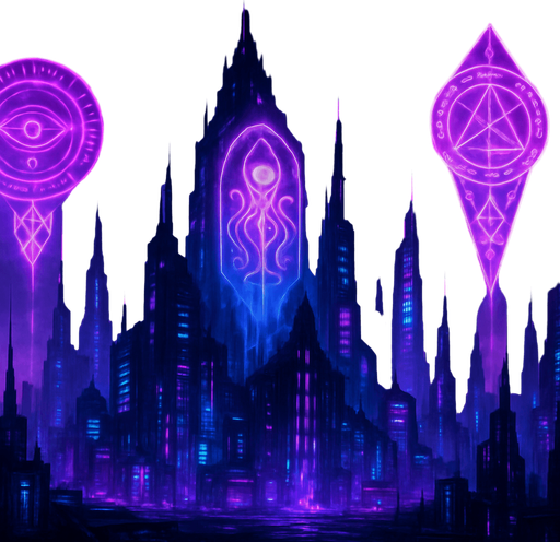 16:9 banner, Neon cyberpunk horror landscape scene futuristic spires skyscrapers towers skyline hologram sigils lovecraftian bladerunner tower defense neon purple blue pink occult sigils projections 3d