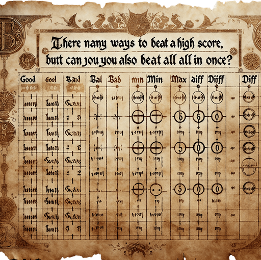 There is the text: "there are many ways zo beat a highscore, but can you also beat all in once?" On a pergament with many highscores called good, bad, max, min and diff.
