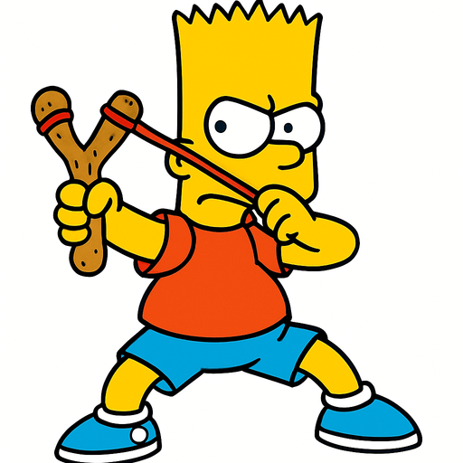 Bart holding a light brown slingshot shaped like a peanut. Make him be in a fighting stance 
In-Game asset.  2d.  High contrast.  No shadows