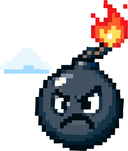 La bomba debe tener un diseño caricaturesco, en forma de esfera negra o gris oscuro con un brillo suave, una mecha encendida con fuego animado en la punta, y si es posible, una carita enojada o con expresión divertida; su estilo debe pixel art limpio, con líneas simples y colores llamativos para que resalte bien contra el fondo del cielo, y debe tener un ligero giro o movimiento mientras cae para darle vida..
In-Game asset.  2d.  High contrast.  No shadows