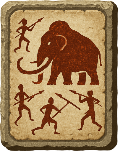 Card packet made out of stone with a Tribal drawing of people Hunting a wolly Mammoth.
In-Game asset.  2d.  High contrast.  No shadows
