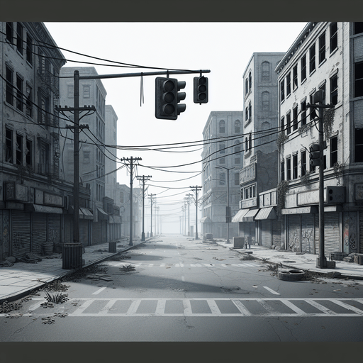 background of an abandoned street.
Single Game Texture. In-Game asset. 2d. Blank background. High contrast. No shadows.