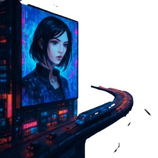 Cyberpunk city. have digital screens and digital girl have black hair talking on it. towers. from above. cars on roads. Trains roads. HD colors.