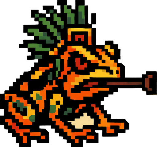 Genérame una Rana de dardo venenosa guerrero azteca con eso patrones, estilo pixelar, con una apariencia maligna, ojos rojos, rabioso. Unidad a distancia, con cerbatana. Animal.
In-Game asset.  2d.  High contrast.  No shadows