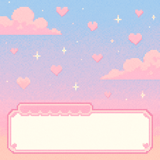Ilustración en Pixel Art de un Name Box blanco, característico de una novela visual romántica, con detalles en colores pastel. El cuadro no contiene texto.