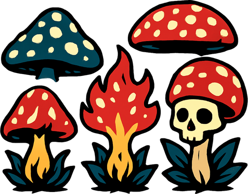 poisonous plants that look like Vinera muscaria.
In-Game asset.  2d.  High contrast.  No shadows